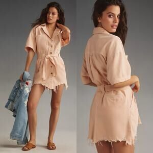 Anthropologie Pilcro Short Sleeve drestructed denim dress Sz M Coral denim Festi